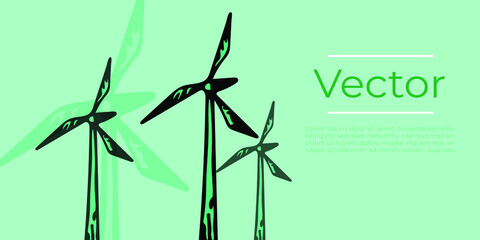 Windmill energy resources generator sketch vector illustration. Green alternative power hand drawn square background. Turbines windfarm media banner