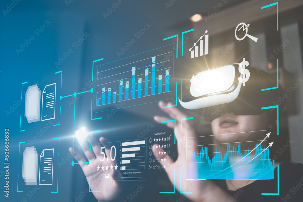 Poster concept of technology virtual reality for business, people use virtual reality for analysis data onl