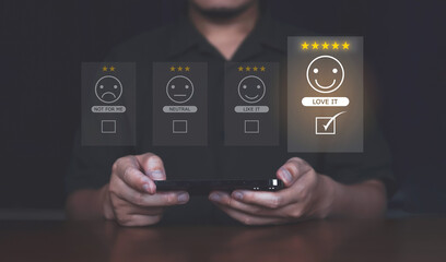 Customer review good rating concept, customer review by five star feedback, positive customer feedback testimonial.	