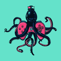 Octopus gamer with gamepad. Vector cartoon illustration. Video game poster. © ne2pi