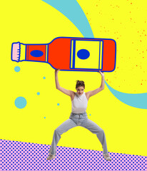 Contemporary art collage. Inspiration, idea, trendy urban magazine style. Young girl raising huge drawn wine bottle over her head isolated on bright background