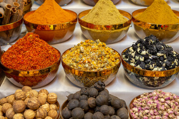 Variety of Arabic spices in the traditional spice market in Dubai