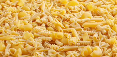 Different types and shapes of Italian pasta background