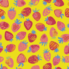 Vector seamless pattern of red and pink strawberries on a yellow background - 506668022