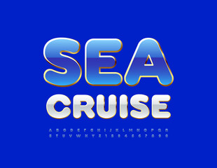 Vector premium logo Sea Cruise. Blue and Gold shiny Font. Luxury Alphabet Letters and Numbers set
