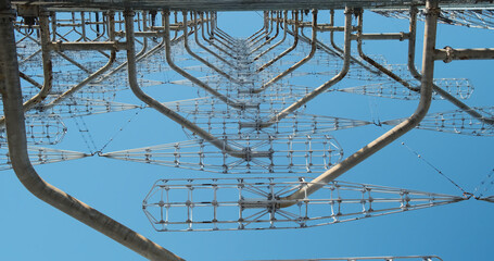 A giant metal antenna at a military facility in Chernobyl. Cold war, radar arc. Russian woodpecker,...
