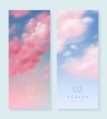 Set of vertical banners with realistic sky and clouds. Collection of nature landscape background. Vertical illustration