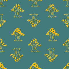 Obraz premium Fly agaric toadstool mushroom seamless pattern yellow green for textile design