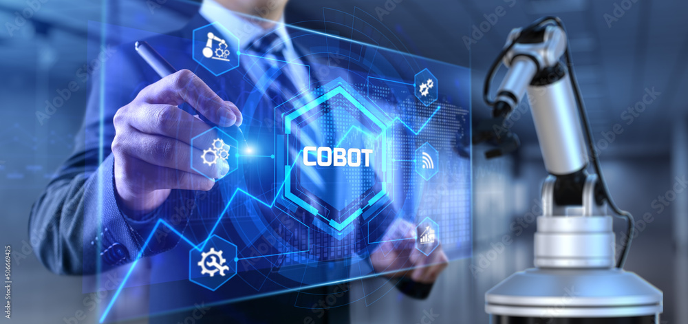 Poster cobot collaborative robot arm 3d render. industrial automation technology concept.