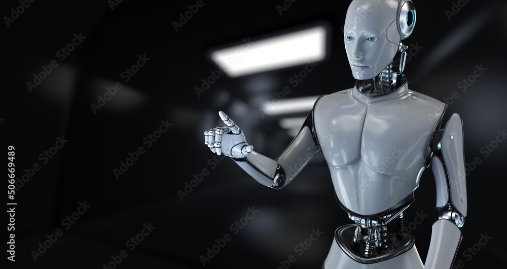 Poster robot cyborg 3d render on blurred background. innovation technology robotisation.