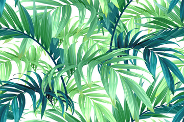 Fototapety  Seamless hand drawn tropical vector pattern with palm leaves.