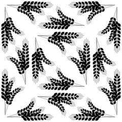 Sheaf of ears of wheat spikelet seamless pattern black and white silhouette