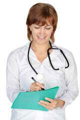 Fototapeta premium Portrait of a female doctor in a white uniform in the studio on a white background
