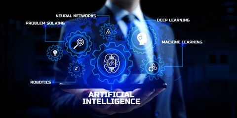 AI Artificial intelligence Neural network Machine learning modern technology concept. Businessman pressing button on screen.