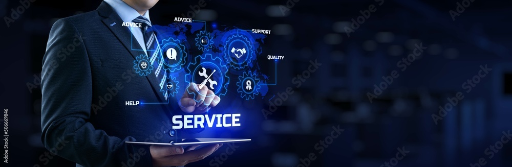 Poster service customer satisfaction technical support concept on virtual screen.
