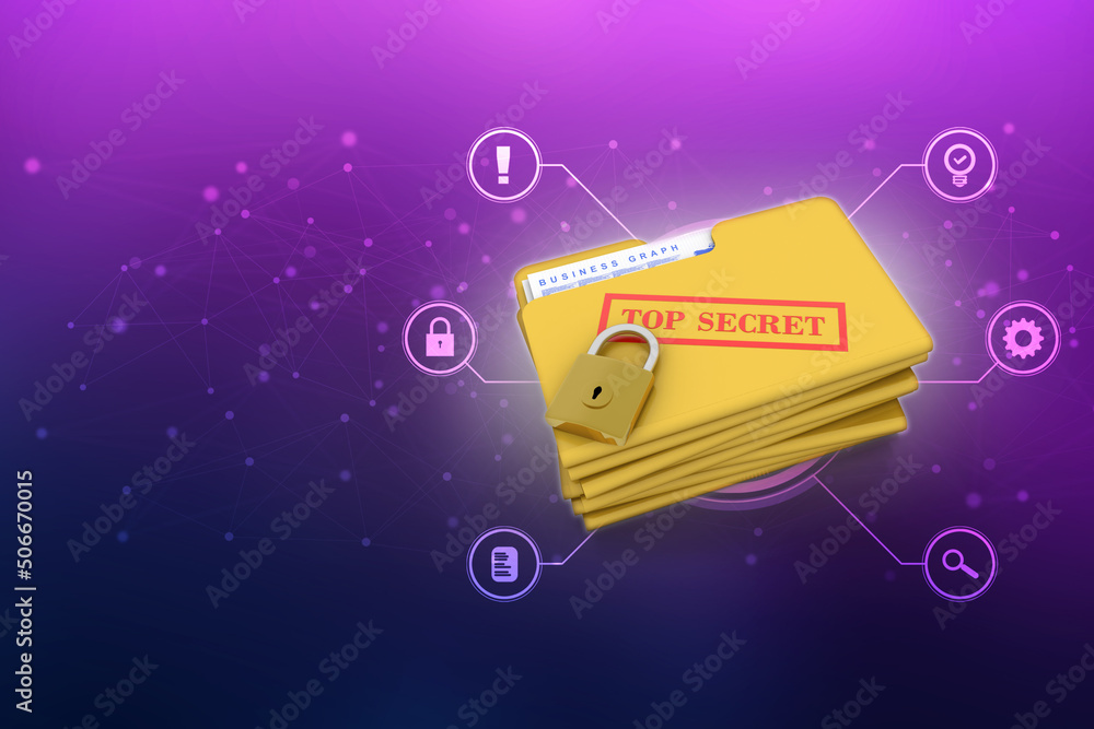 Poster yellow folder and lock. data security concept. 3d rendering
