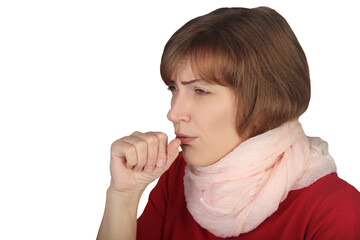 Portrait of sick woman in scarf sneezing and coughing, suffering influenza