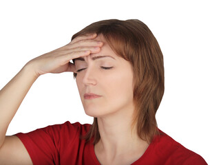 Young woman with headache on isolated white background