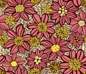 Retro Floral lino cut style seamless pattern, pink and yellow flowers background - 506670089
