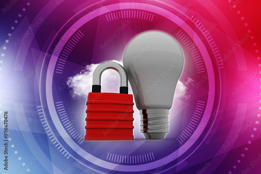Poster 3d rendering led white lightbulb protected lock