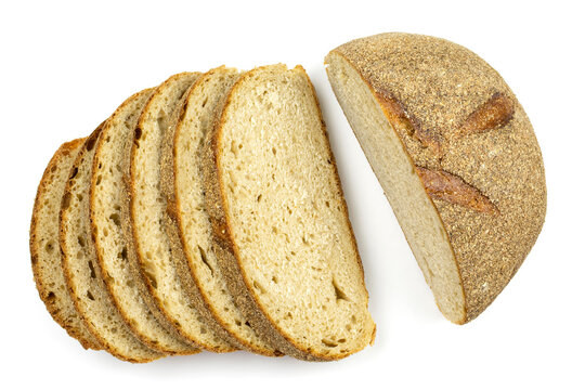 Half and sliced pieces of round wholegrain bread on a white isolated background. The concept of proper nutrition. Healthy lifestyle.