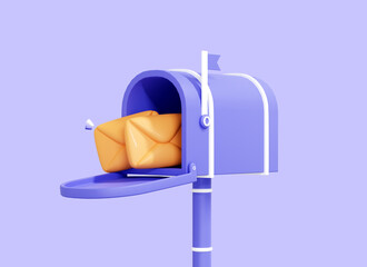 3D Mailbox with letter in envelope. Newsletter concept. Sent mail message. Open full postbox. Receiving delivery in envelope. Cartoon icon isolated on purple background. 3D Rendering