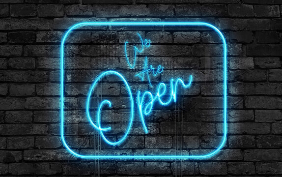 We Are Open Neon Sign On A Dark Wall