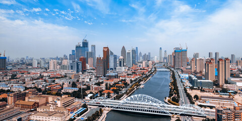 Fototapeta na wymiar Aerial photography of the city skyline of Haihe Zhigu and Zhigu Bridge in Tianjin, China