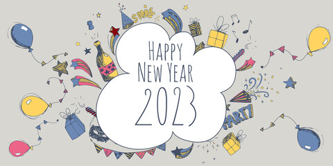 Happy New Year 2023 cartoon doodles