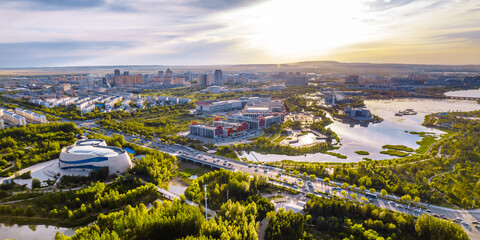 Aerial photography of Xilin River and city skyline in Xilinhot City, Xilin Gol League, Inner Mongolia