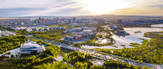 Aerial photography of Xilin River and city skyline in Xilinhot City, Xilin Gol League, Inner Mongolia © Govan