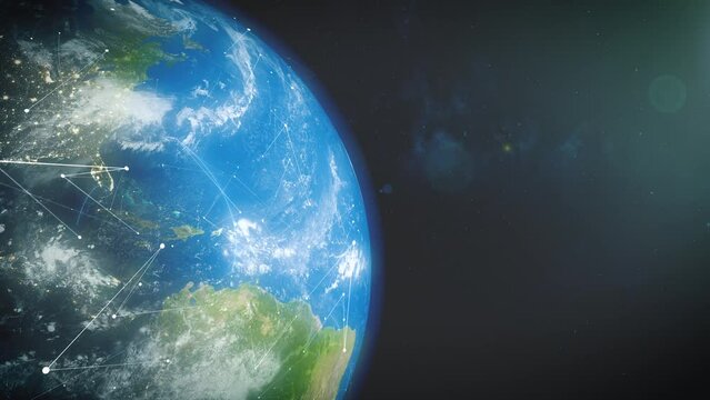 View from space on planet Earth global social, information network across globe, information technology concept, 3d rendering