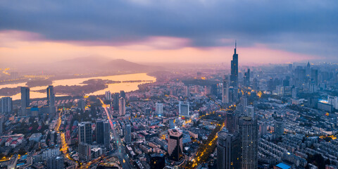 Obraz na płótnie Canvas Dusk scenery of Zifeng Building and city skyline in Nanjing, Jiangsu, China