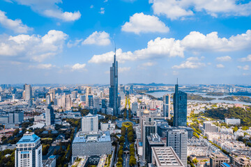 Aerial view of Zifeng Tower and city skyline in Nanjing, Jiangsu, China