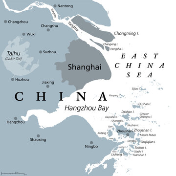 Shanghai and the Yangtze River Delta, gray political map, with major cities. Megalopolis of China, located where Yangtze River drains into East China Sea, with Hangzhou Bay and Zhoushan Archipelago.