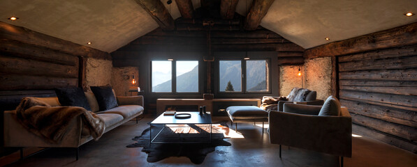 Mountain chalet living room with large sofa, two armchairs and a large window overlooking the Alps