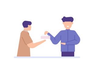 alms or giving zakat. a man gives food aid or takjil to break the fast. iftar. share sustenance to the poor or needy. flat cartoon character illustration. concept design. element