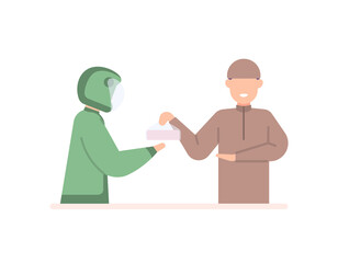 alms or giving zakat. a man gives food aid or takjil to break the fast to the motorcyclist. iftar. share food with road users. flat cartoon character illustration. concept design. element