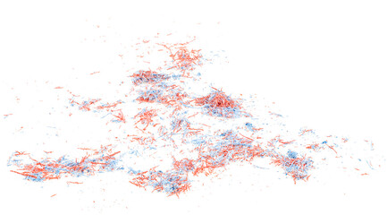Pile of orange and blue eraser scraps isolated on a white background, front view.