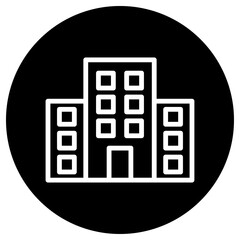Building vector icon. Flat design. White icon on black circle. White background.ai