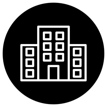 Building vector icon. Flat design. White icon on black circle. White background.ai