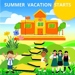 Fototapeta na wymiar Happy School children enjoying infront of School because start of summer vacation, illustration image.