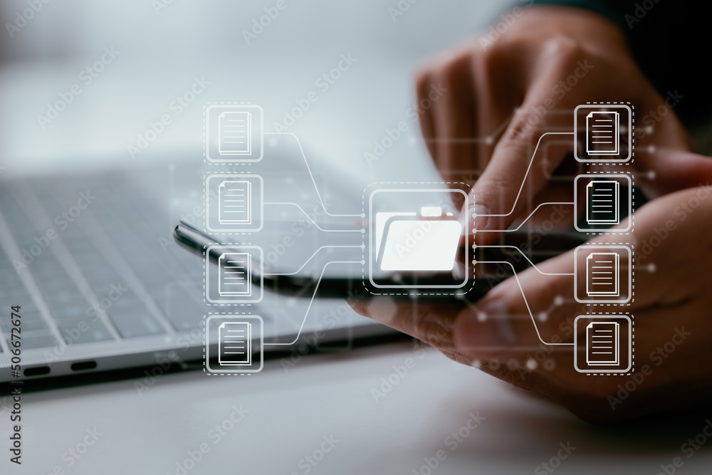 Aufkleber A document management system (DMS), an online documentation database, and process automation to manage files, knowledge, and documents in a business using ERP. Technology for commercial use.