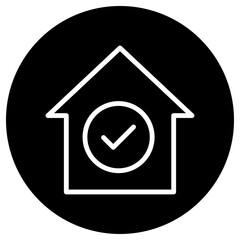 Confirm, agree, house simple icon. Flat desing. White icon on black circle. White background.ai
