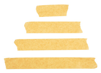 Yellow adhesive paper tape isolated on a white background, top view. Masking tape streaks.