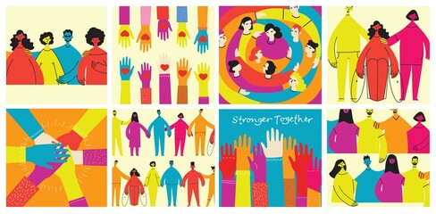 Background with happy diverse hugging people. Concept of friendship day, unity. Celebration or congratulation of multiracial friends.