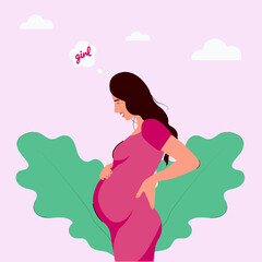 Obraz na płótnie Canvas A pregnant European girl is thinking about giving birth to her baby daughter. Illustration in flat style. Gender party
