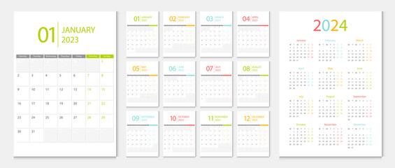 Calendar 2023, calendar 2024 week start Monday corporate design planner template. - obrazy, fototapety, plakaty