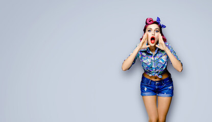 WOW! Portrait of woman holding her hands near open mouth and saying or shouting something. Pin up...