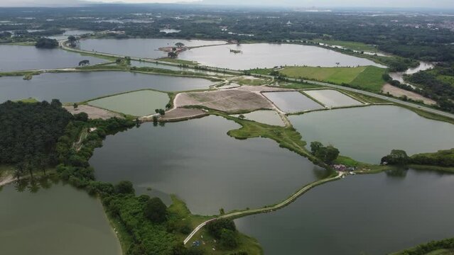 Aerial view abandoned tin mining lake at Kampar, Perak